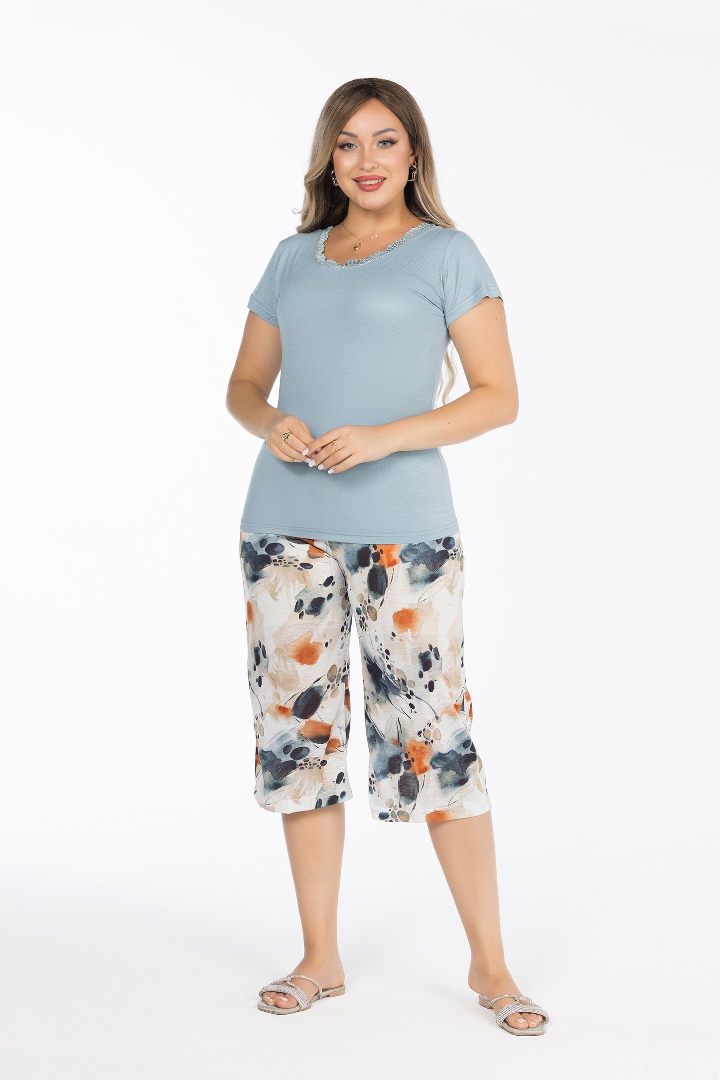 TEAL FLOWERS BERMUDA | MODA PLUS | SM25730