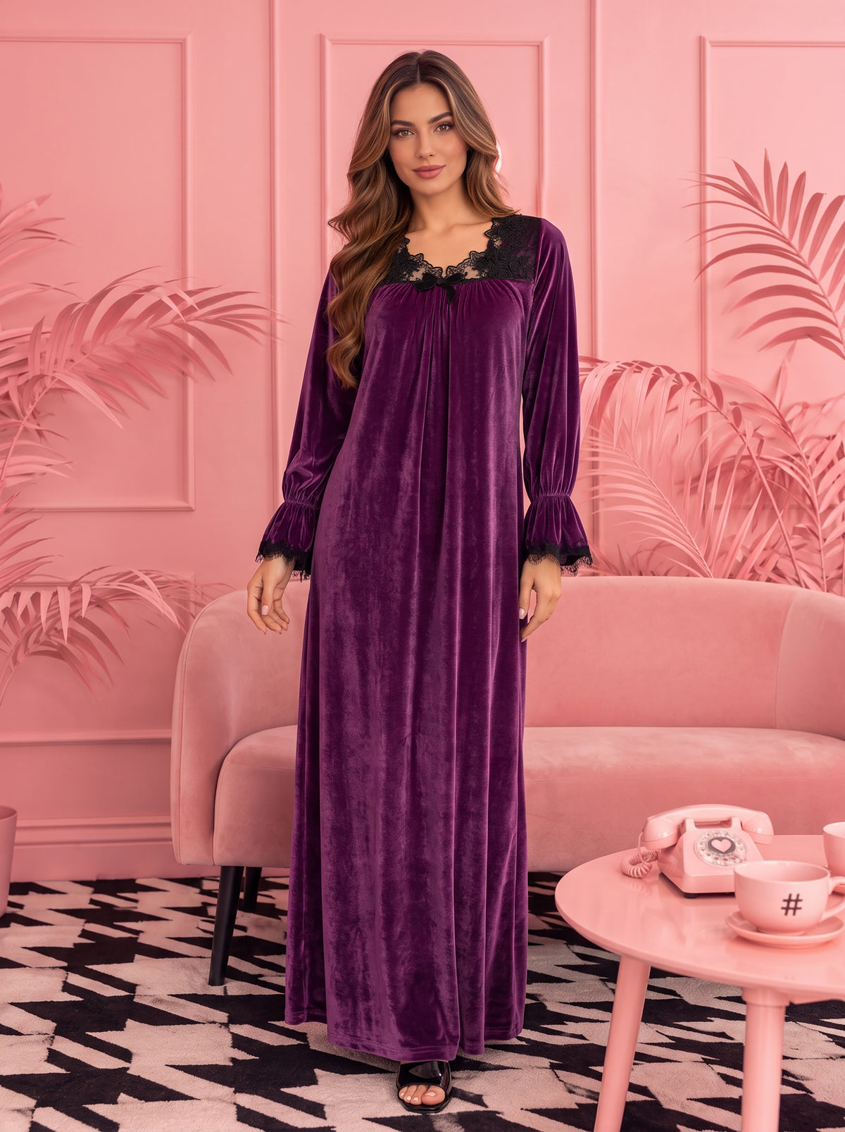 SLEEK VELVET LACE TRIM GOWN | MODA PLUS | WN27214