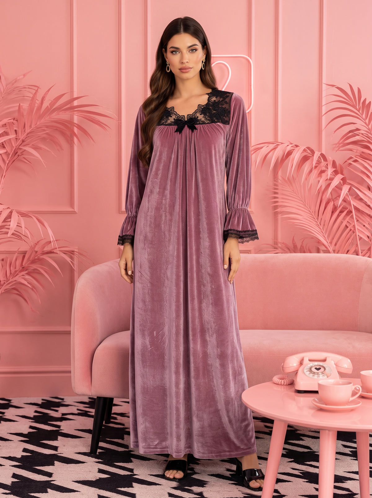 SLEEK VELVET LACE TRIM GOWN | MODA PLUS | WN27214