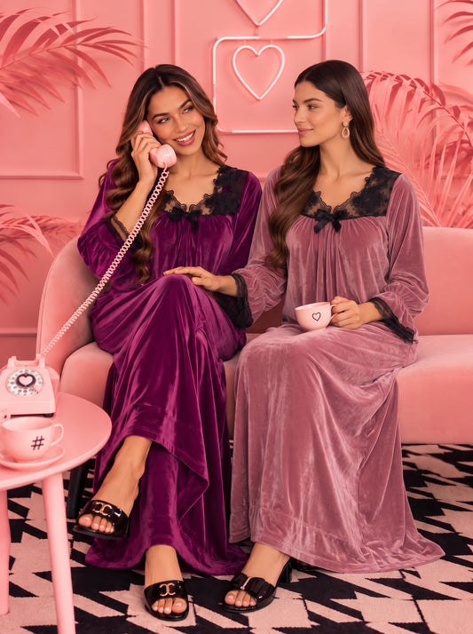 SLEEK VELVET LACE TRIM GOWN | MODA PLUS | WN27214