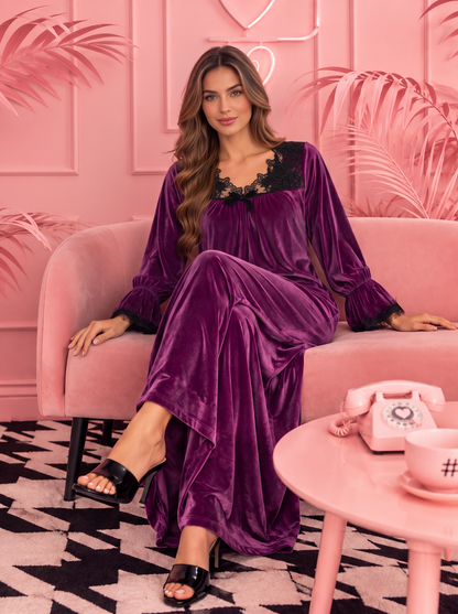 SLEEK VELVET LACE TRIM GOWN | MODA PLUS | WN27214