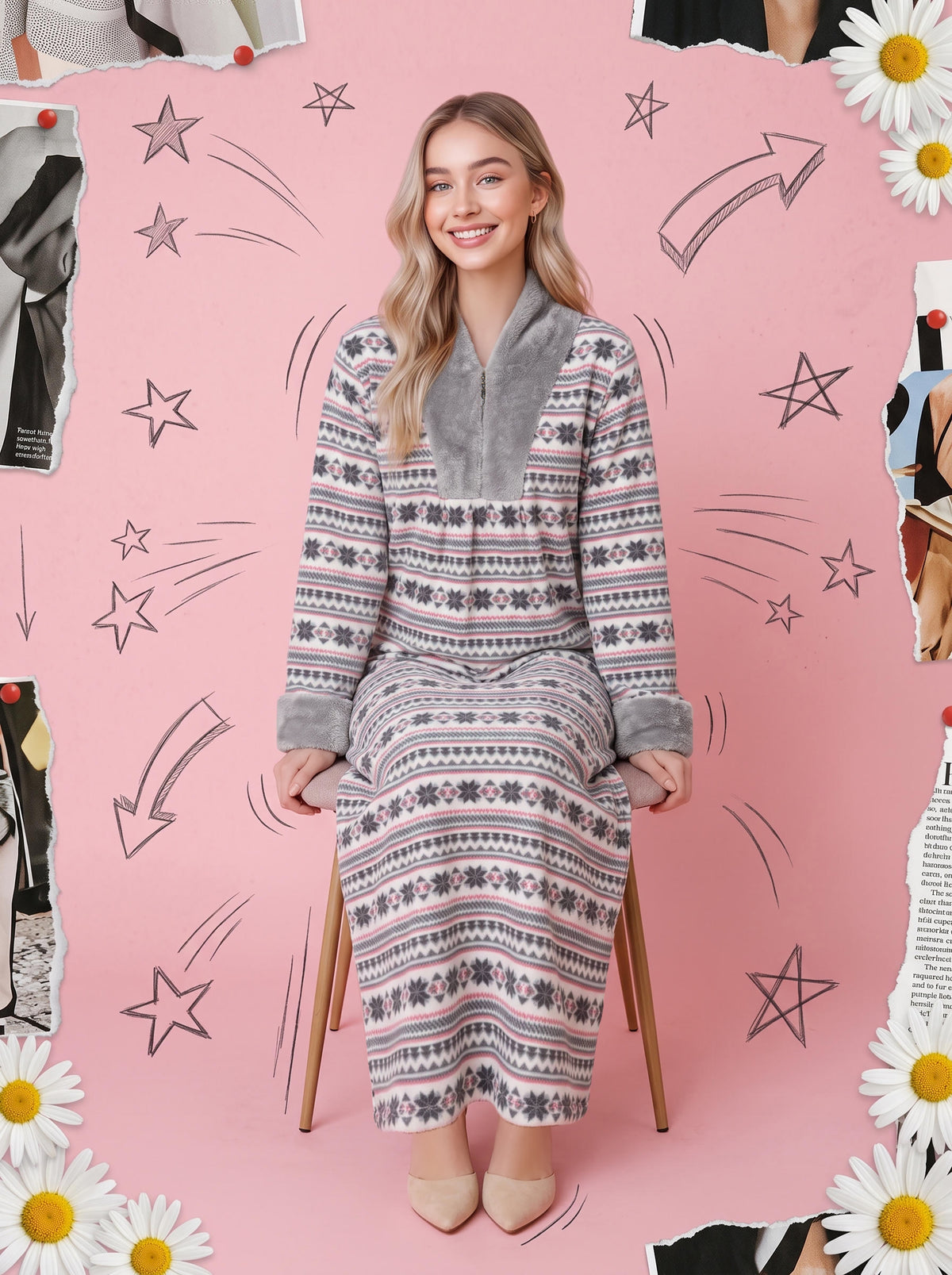 SNOWFLAKE PRINT ZIP-NECK GOWN | MODA PLUS | WN27221