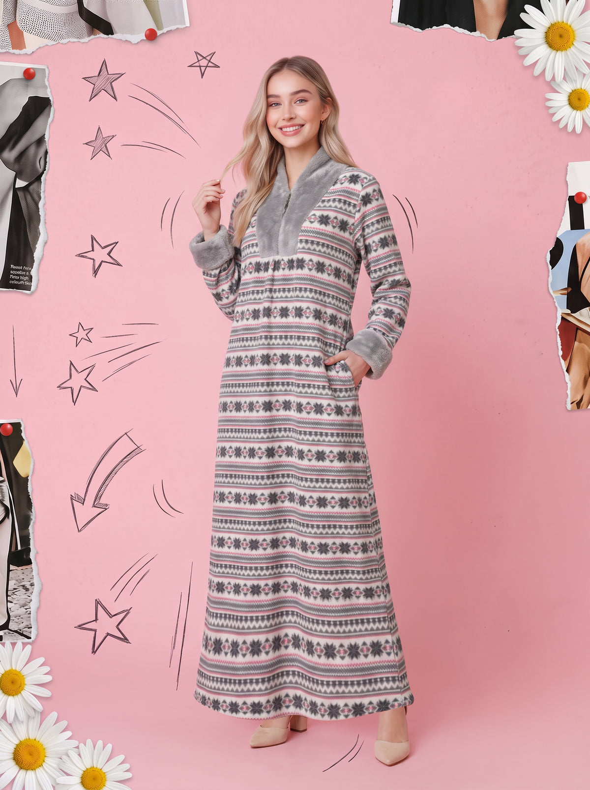 SNOWFLAKE PRINT ZIP-NECK GOWN | MODA PLUS | WN27221
