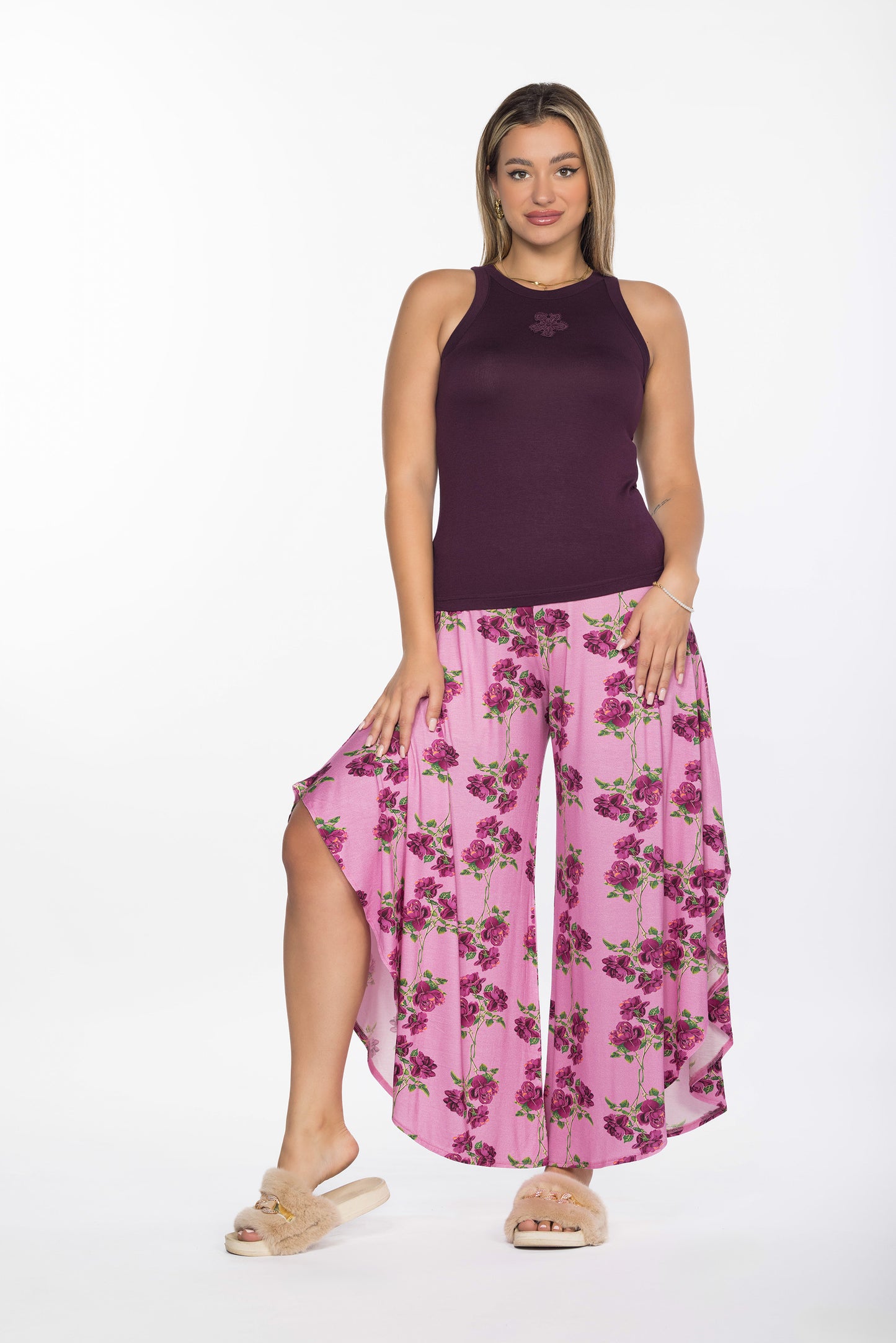 HOT PINK FLOWERS SLIT PAJAMAS | MODA PLUS | SM25514