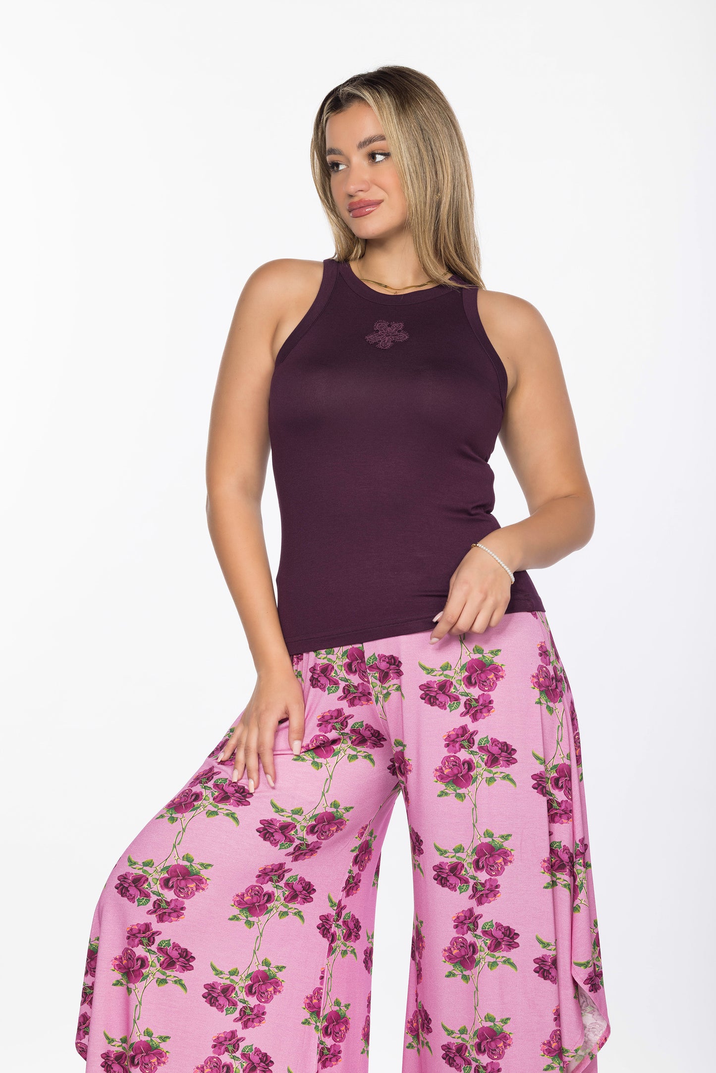 HOT PINK FLOWERS SLIT PAJAMAS | MODA PLUS | SM25514