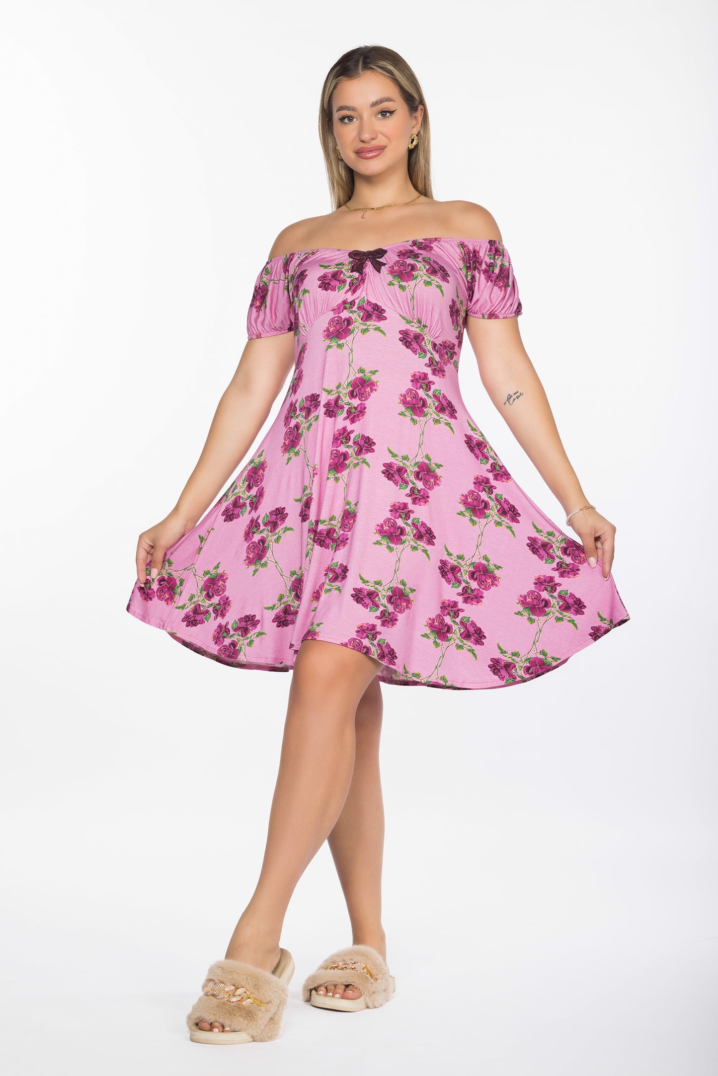 HOT PINK FLOWERS OFF SHOULDERS DRESS | MODA PLUS | SM25515