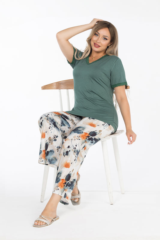 TEAL FLOWERS V PAJAMAS | MODA PLUS | SM25725