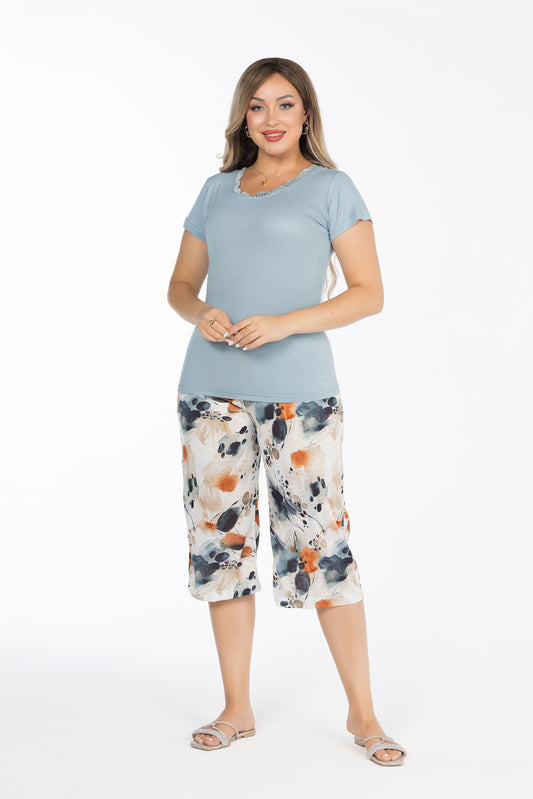 TEAL FLOWERS BERMUDA | MODA PLUS | SM25730